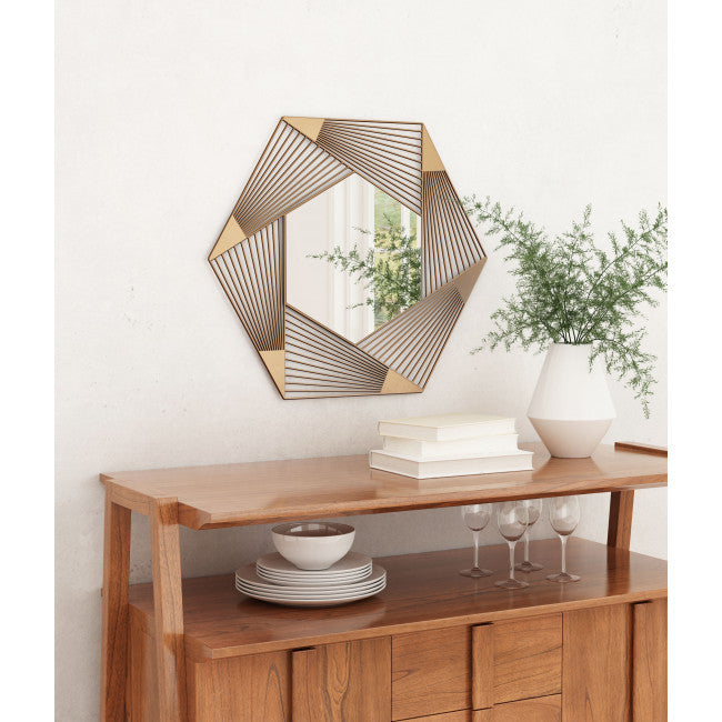 Octagonal Lines Gold Finish Wall Mirror