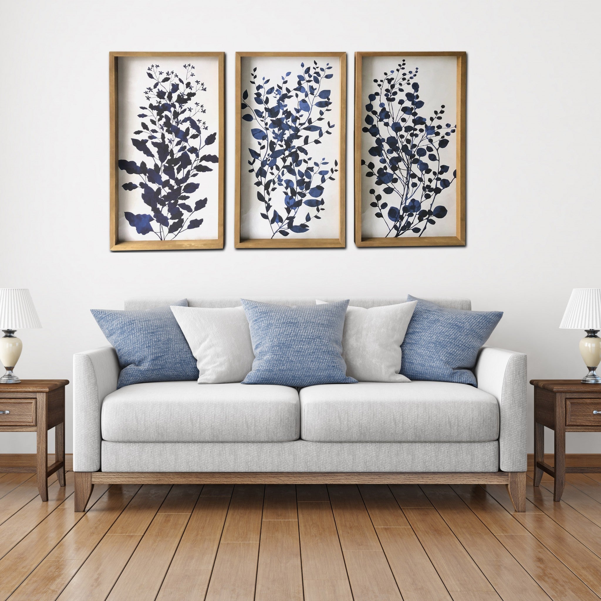 Triptych Blue Branches Framed Canvas Wall Art