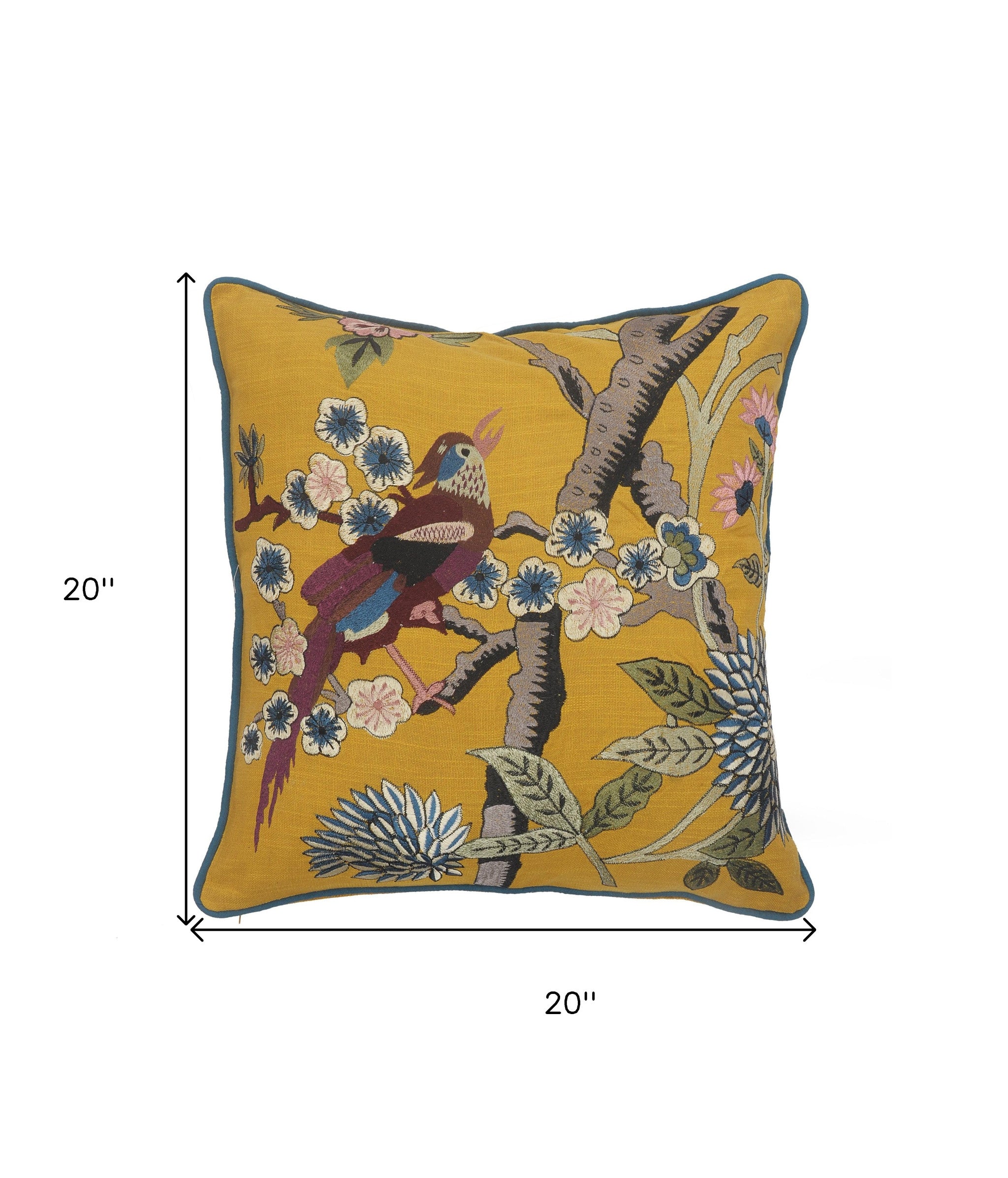 Floral Songbird Embroidered Throw Pillow