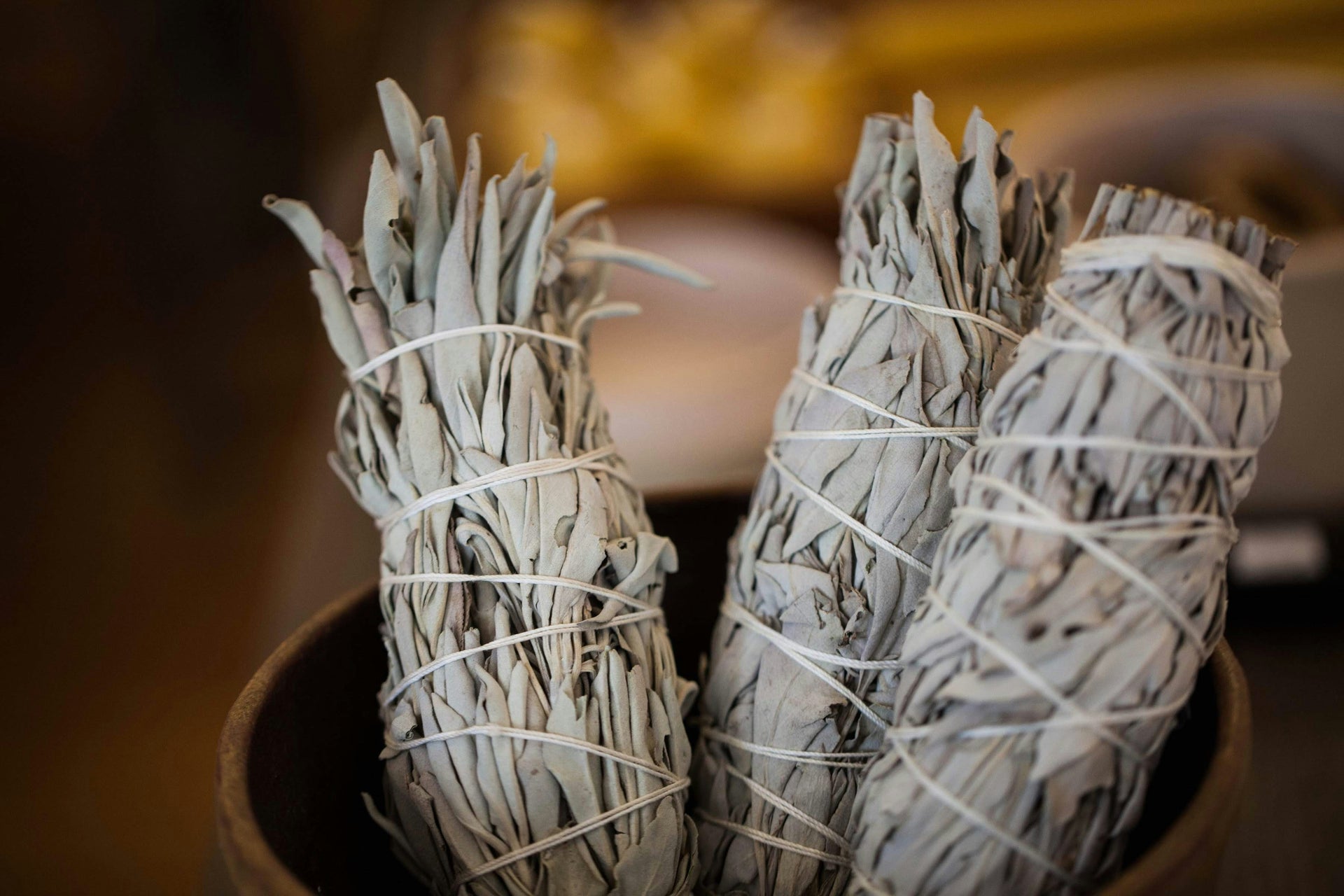 A smudge bowl containing 3 white age bundles tied with string.