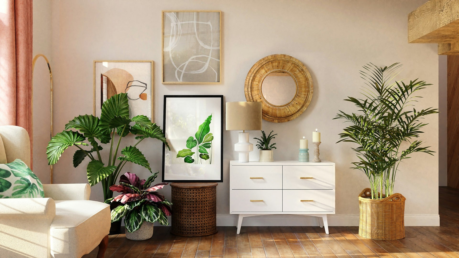  A room with plants, round mirror, abstract art, a lamp on a console table, and wooden floors.